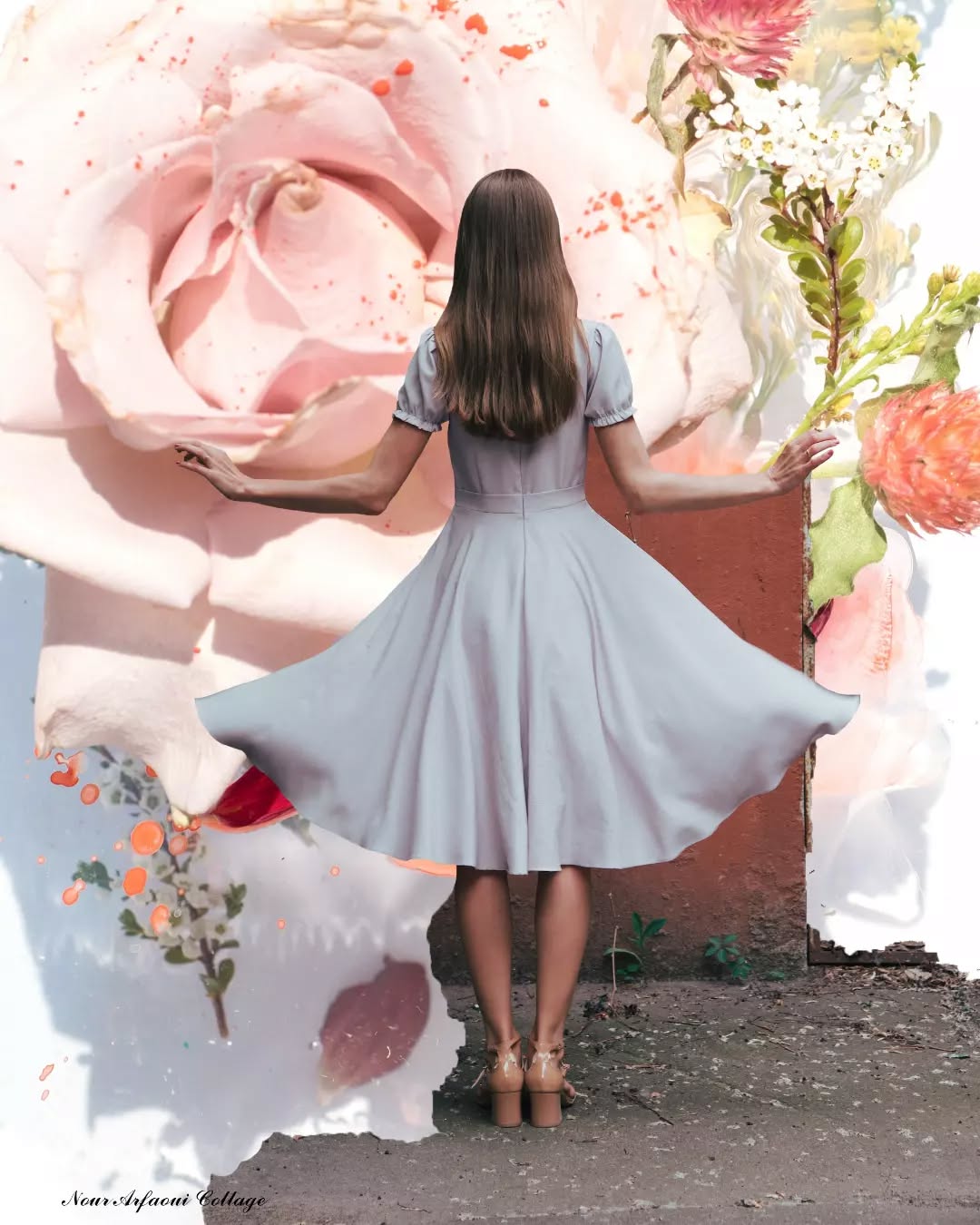 Layered digital collage artwork in perspective